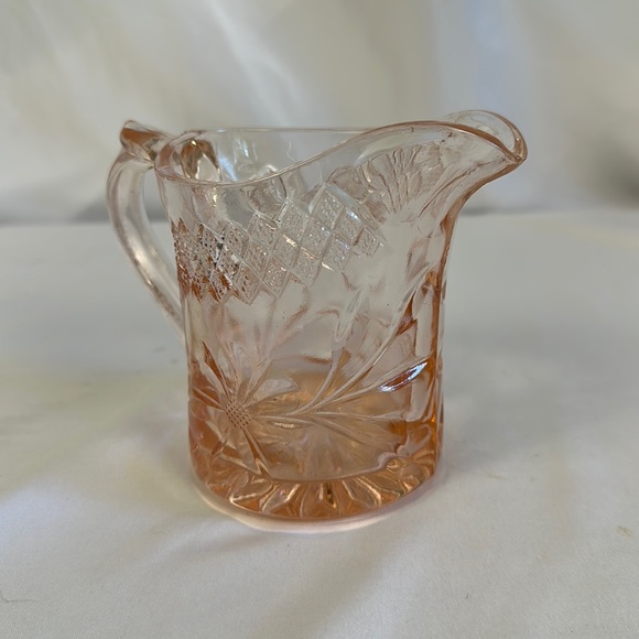 DEPRESSION GLASS PINK FLORAL AND DIAMOND BAND SMALL PITCHER - Picture 1 of 16